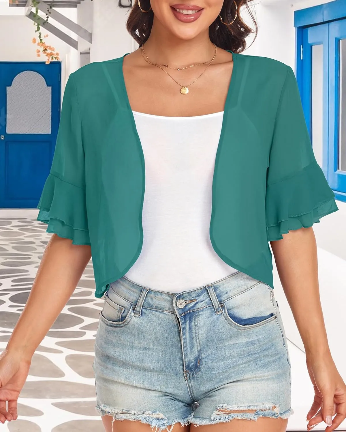 Women's Cardigan Bolero Shrug Ruffle Short Sleeve Open Front Loose Sheer Jackets for Tops