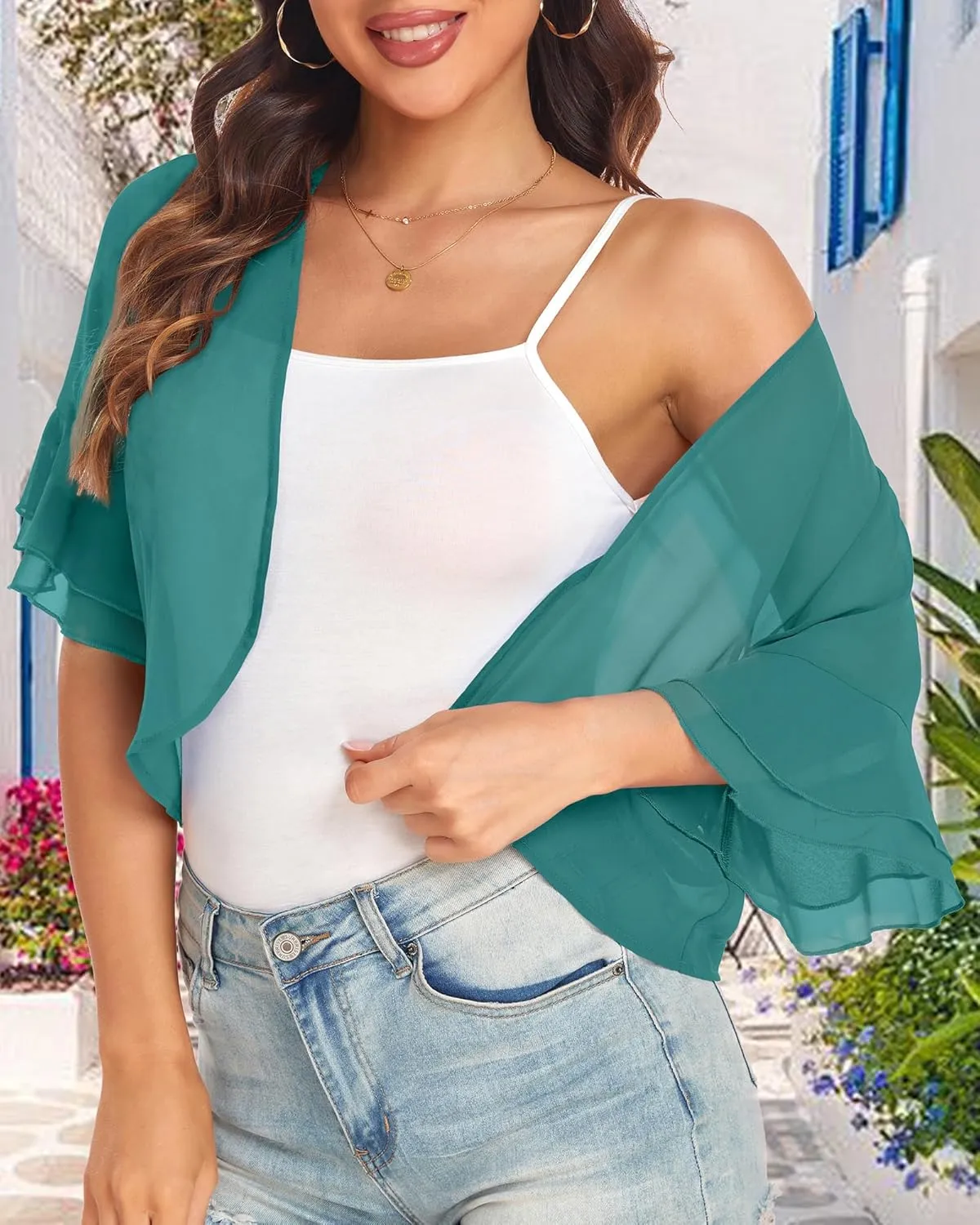 Women's Cardigan Bolero Shrug Ruffle Short Sleeve Open Front Loose Sheer Jackets for Tops