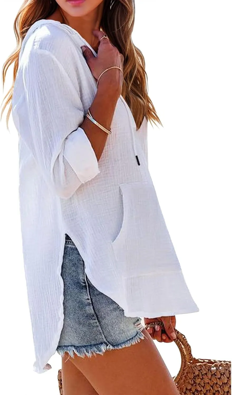 Women's Casual Lightweight Hoodies Linen Long Sleeve V Neck Pullover Sweatshirts Loose Fit Drawstring Tops Beachwear