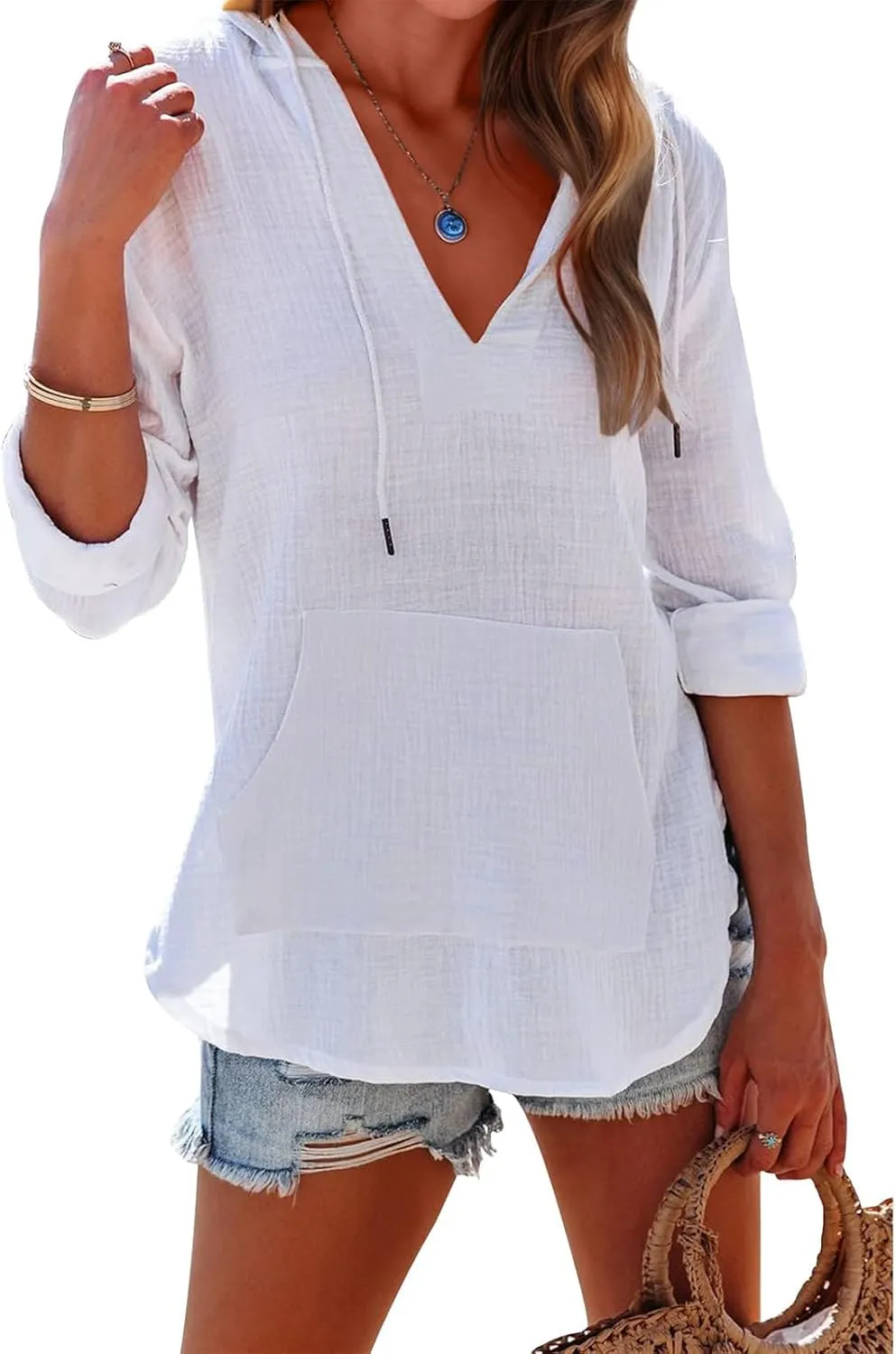 Women's Casual Lightweight Hoodies Linen Long Sleeve V Neck Pullover Sweatshirts Loose Fit Drawstring Tops Beachwear