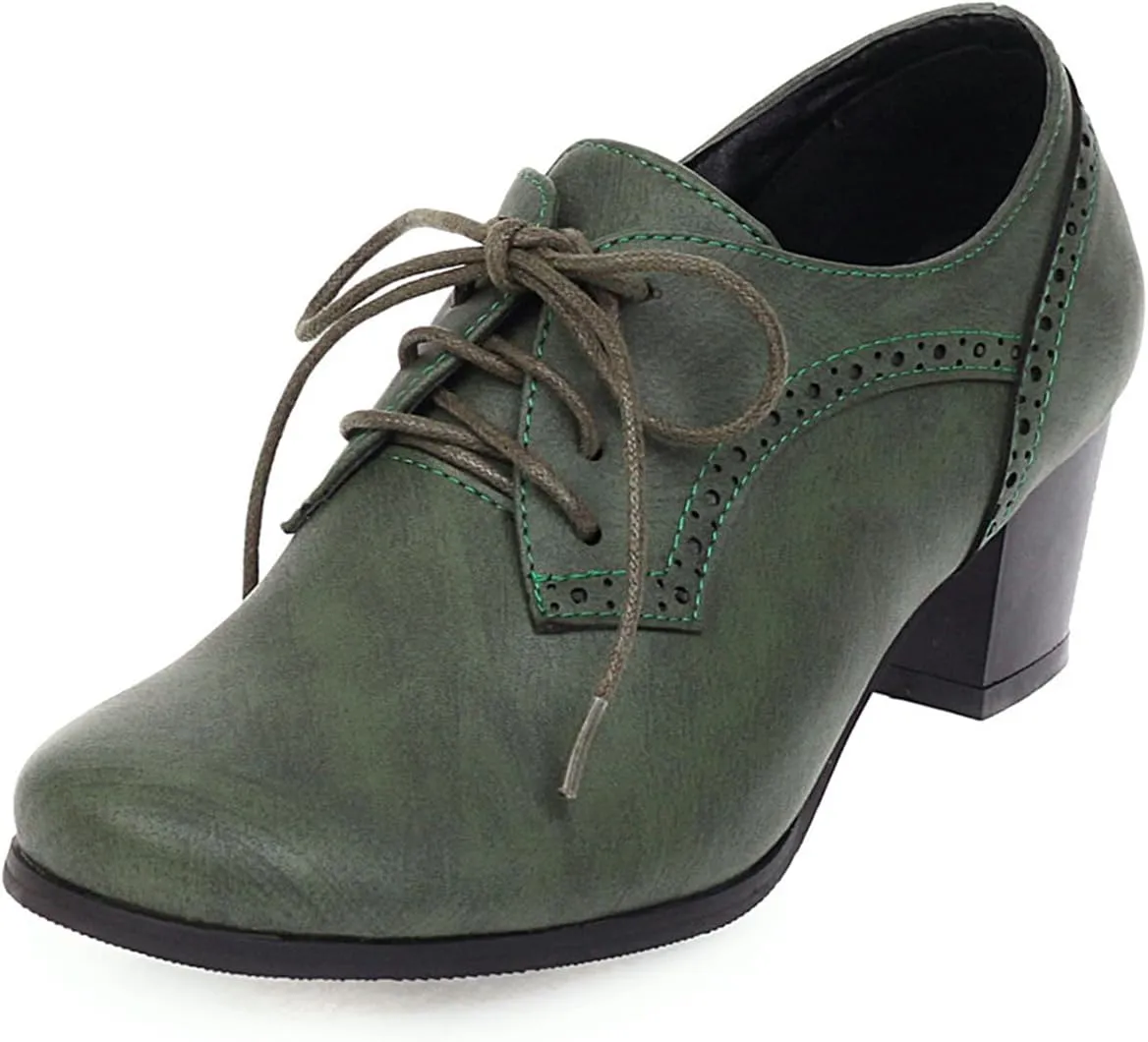 Women's Chunky Lace Up Vintage Oxfords Dress Pumps Closed Round Toe Block Mid Heels Wedding Church Concise Classic Dress All Weather Dating Retro Brogues Shoes