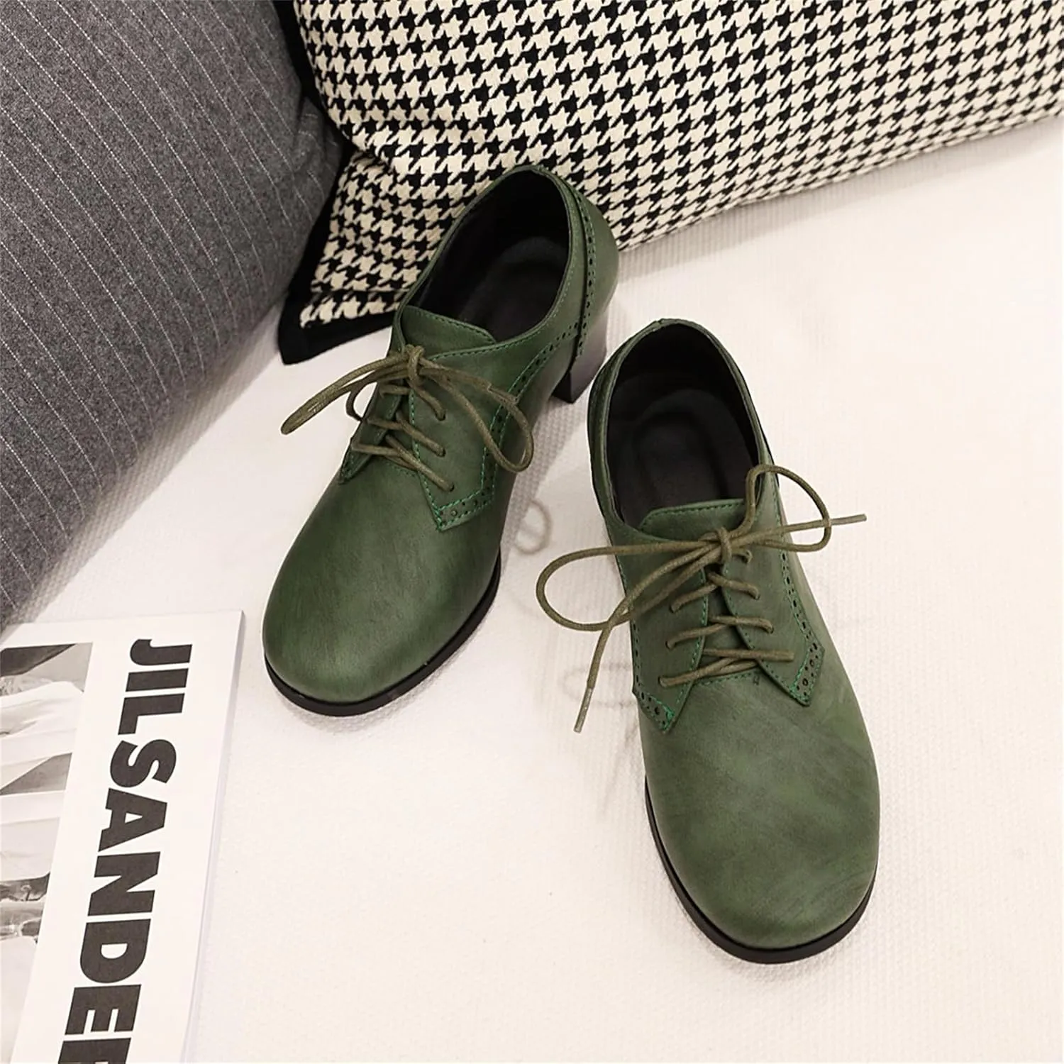 Women's Chunky Lace Up Vintage Oxfords Dress Pumps Closed Round Toe Block Mid Heels Wedding Church Concise Classic Dress All Weather Dating Retro Brogues Shoes