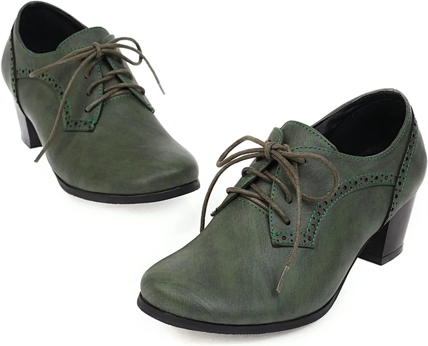 Women's Chunky Lace Up Vintage Oxfords Dress Pumps Closed Round Toe Block Mid Heels Wedding Church Concise Classic Dress All Weather Dating Retro Brogues Shoes