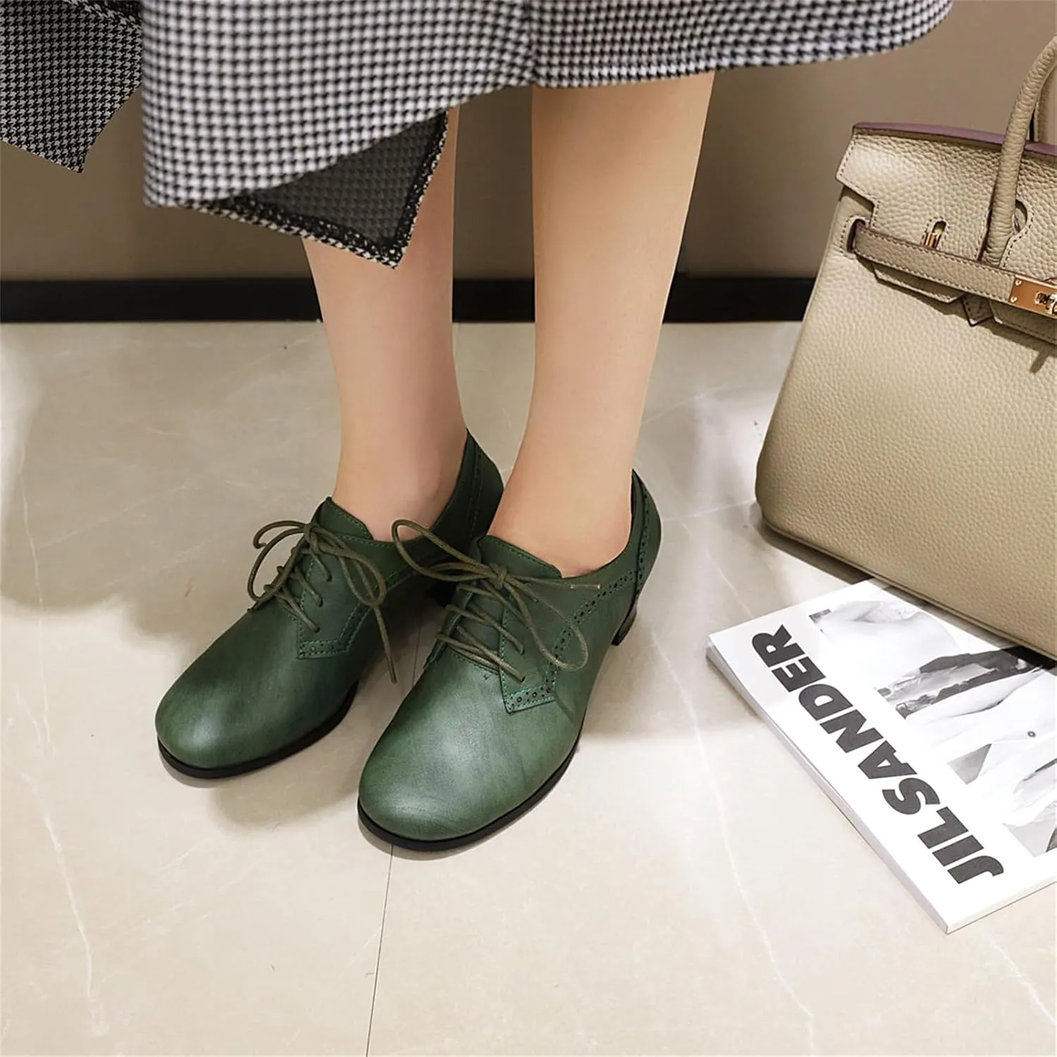 Women's Chunky Lace Up Vintage Oxfords Dress Pumps Closed Round Toe Block Mid Heels Wedding Church Concise Classic Dress All Weather Dating Retro Brogues Shoes