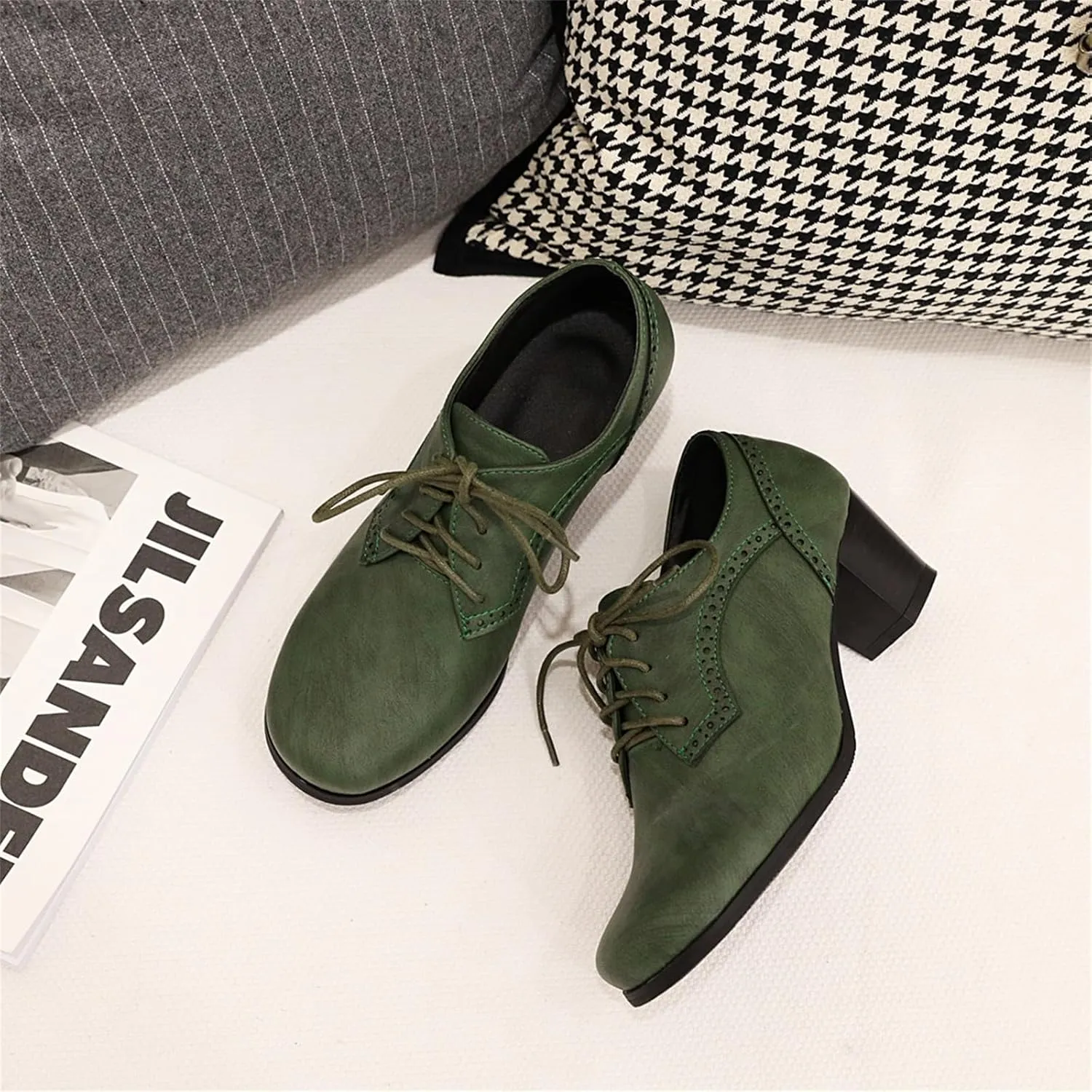 Women's Chunky Lace Up Vintage Oxfords Dress Pumps Closed Round Toe Block Mid Heels Wedding Church Concise Classic Dress All Weather Dating Retro Brogues Shoes
