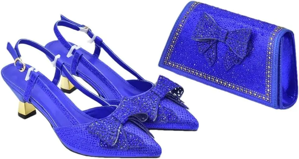Women's Crystal Pointed-Toe High Heel Pumps with Matching Bag Slingback Buckle Strap Elegant Shoes