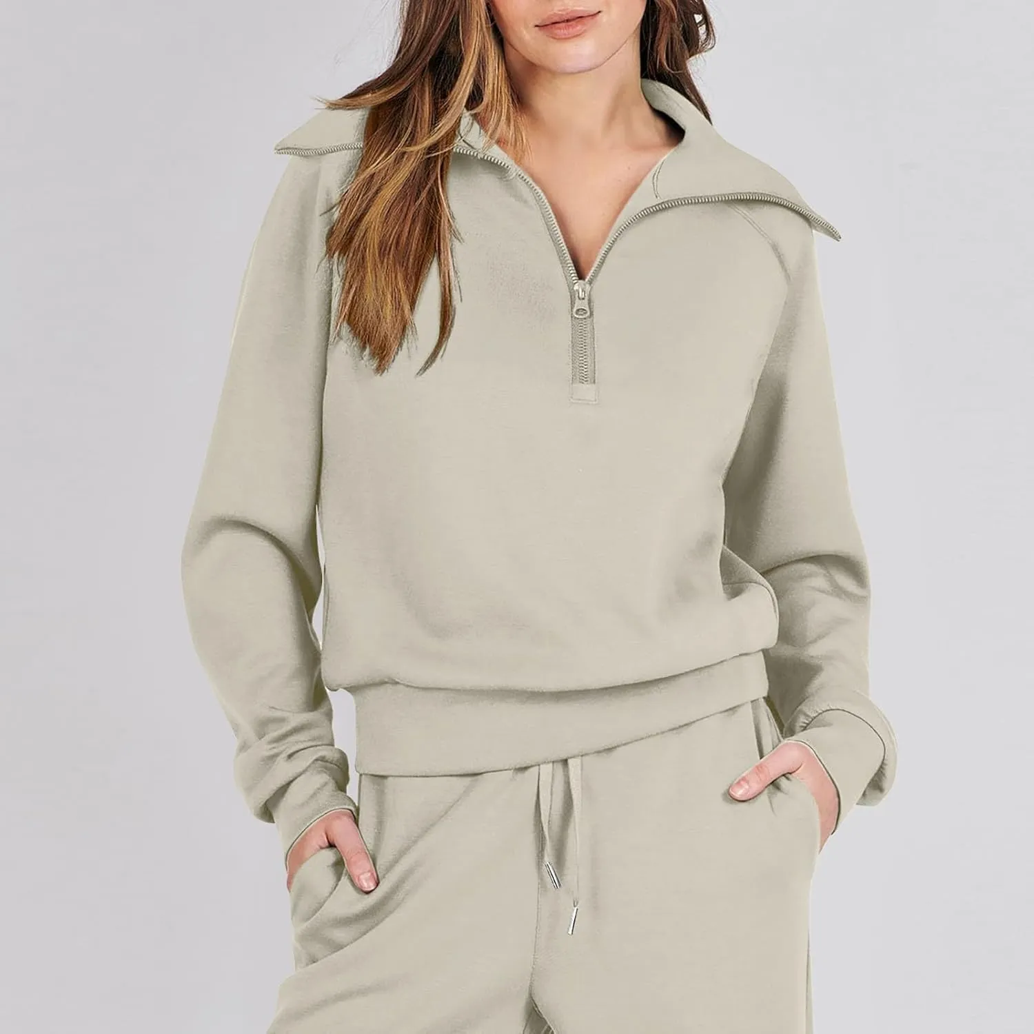 Womens Cute Pajama Sets Women Two Outfits Sweatsuit Set Quarter Zip Sweatshirt Wide Leg Sweatpant Fall Set Lounge
