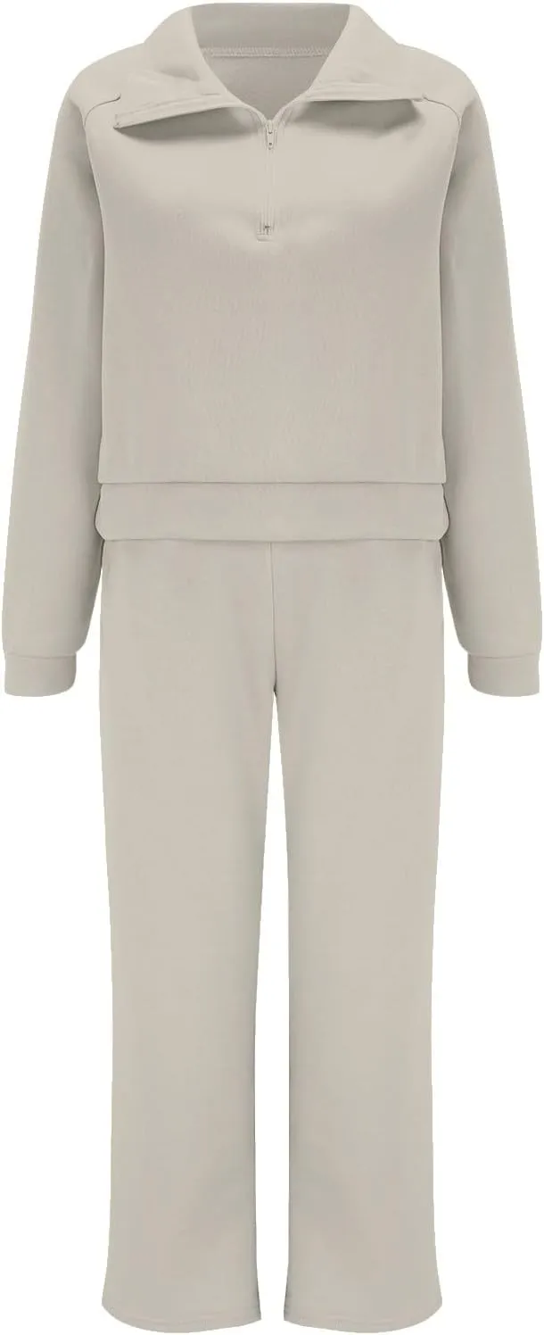 Womens Cute Pajama Sets Women Two Outfits Sweatsuit Set Quarter Zip Sweatshirt Wide Leg Sweatpant Fall Set Lounge