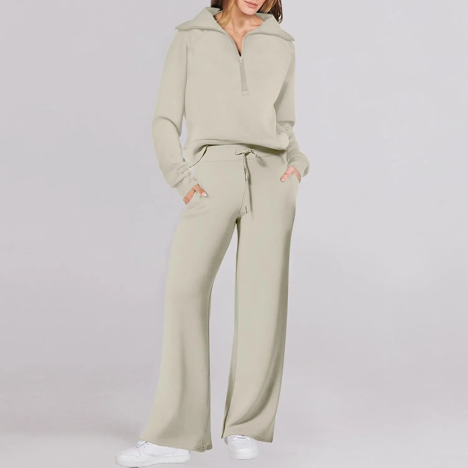 Womens Cute Pajama Sets Women Two Outfits Sweatsuit Set Quarter Zip Sweatshirt Wide Leg Sweatpant Fall Set Lounge