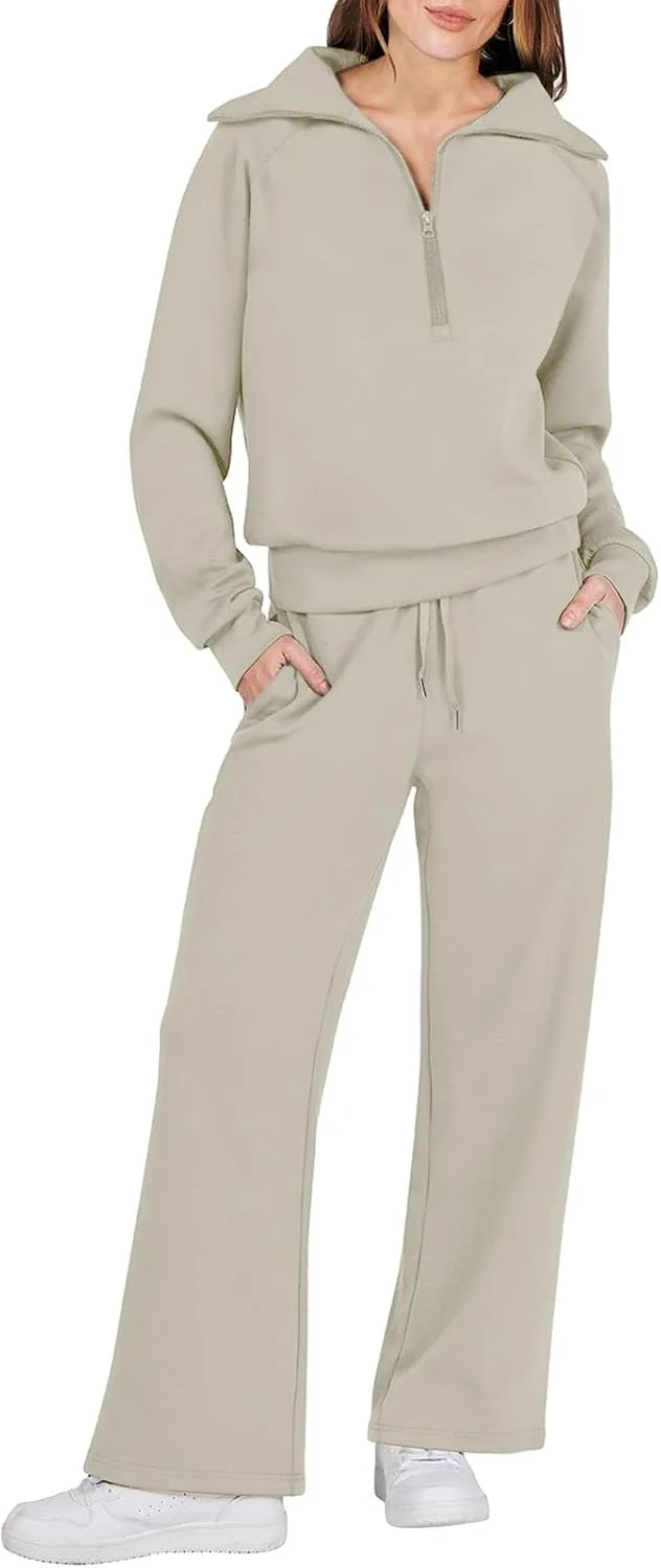 Womens Cute Pajama Sets Women Two Outfits Sweatsuit Set Quarter Zip Sweatshirt Wide Leg Sweatpant Fall Set Lounge