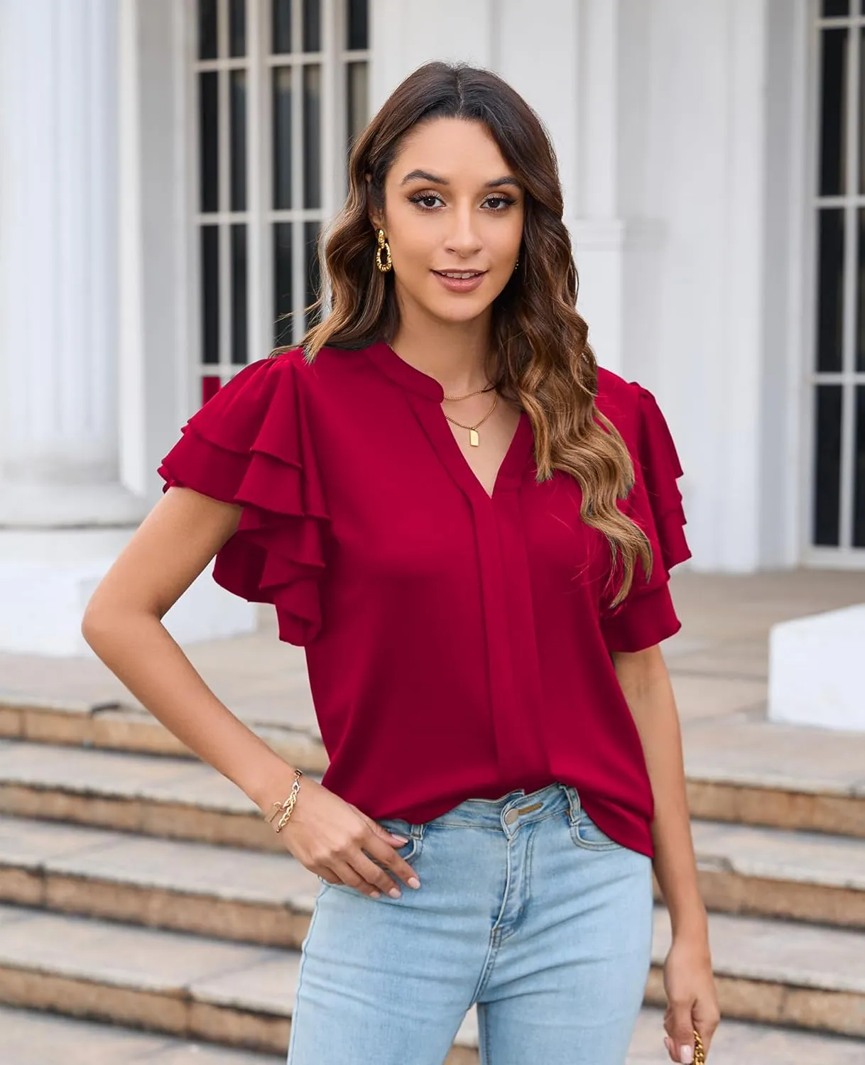 Women's Dressy Casual Tops 2025 Summer Ruffle Short Sleeve V Neck Shirts Business Work Pleated Blouse