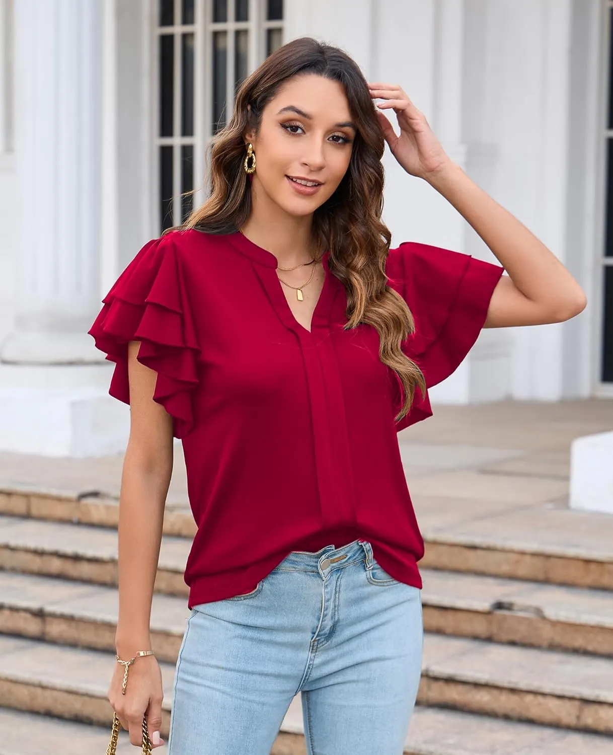 Women's Dressy Casual Tops 2025 Summer Ruffle Short Sleeve V Neck Shirts Business Work Pleated Blouse
