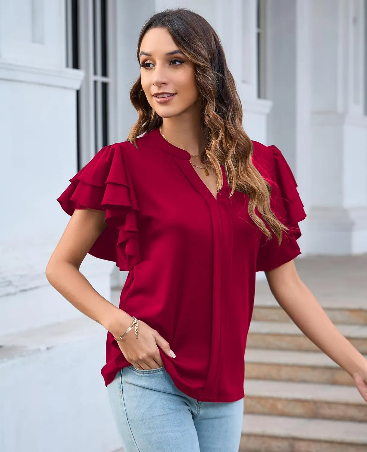 Women's Dressy Casual Tops 2025 Summer Ruffle Short Sleeve V Neck Shirts Business Work Pleated Blouse