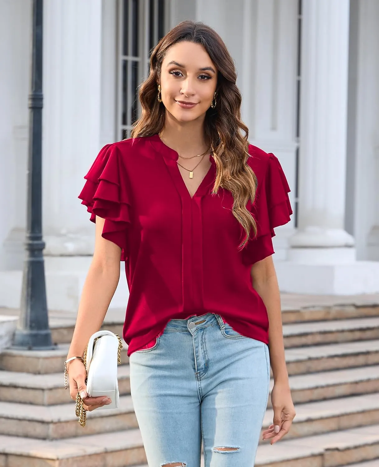 Women's Dressy Casual Tops 2025 Summer Ruffle Short Sleeve V Neck Shirts Business Work Pleated Blouse