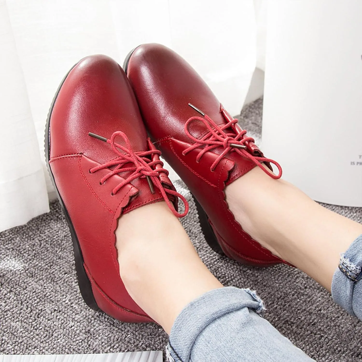 Women's Leather Lace-Up Internal Height Increase Oxfords Fashion Round Toe Platform Loafers Classic Comfortable Business Office Dress Shoes