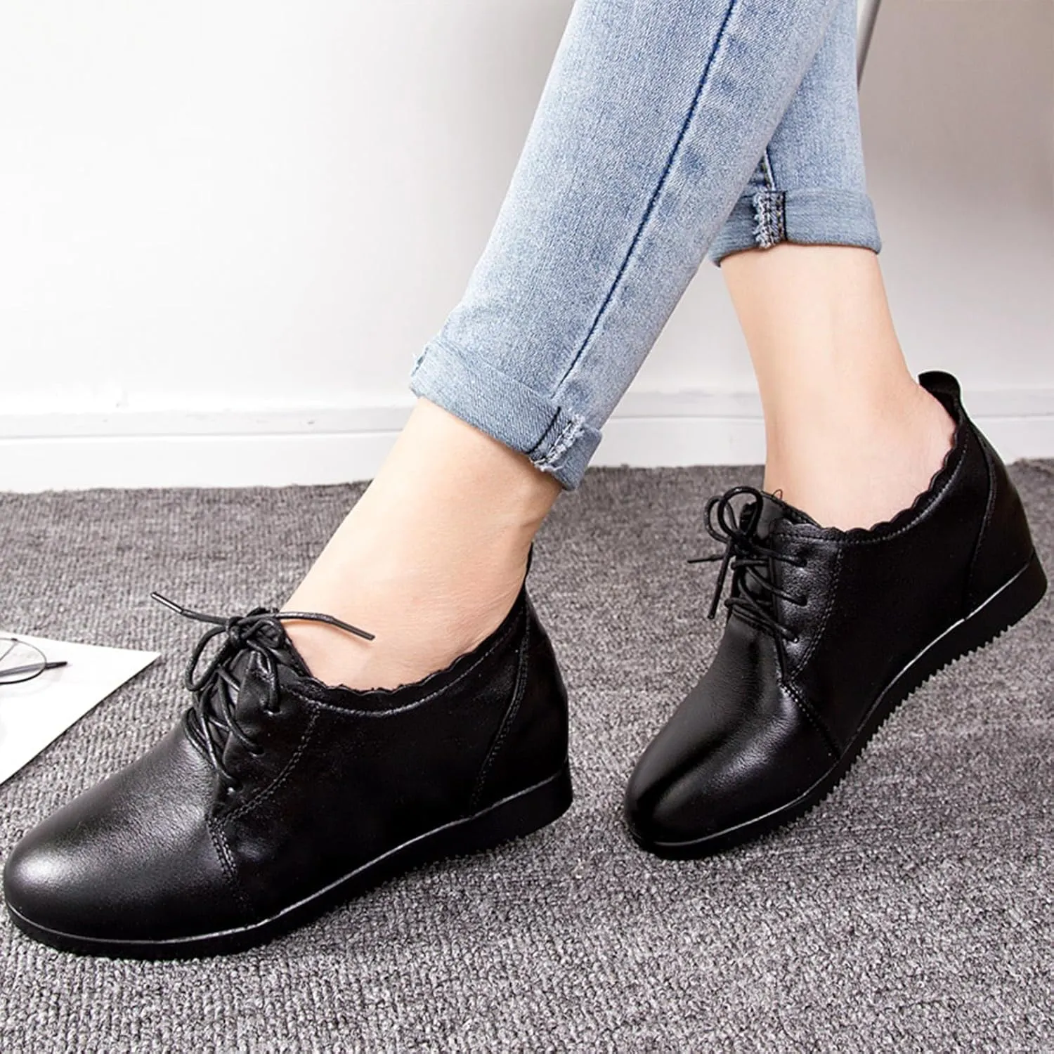 Women's Leather Lace-Up Internal Height Increase Oxfords Fashion Round Toe Platform Loafers Classic Comfortable Business Office Dress Shoes