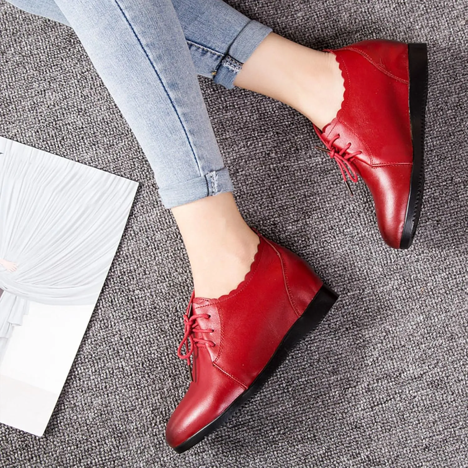 Women's Leather Lace-Up Internal Height Increase Oxfords Fashion Round Toe Platform Loafers Classic Comfortable Business Office Dress Shoes