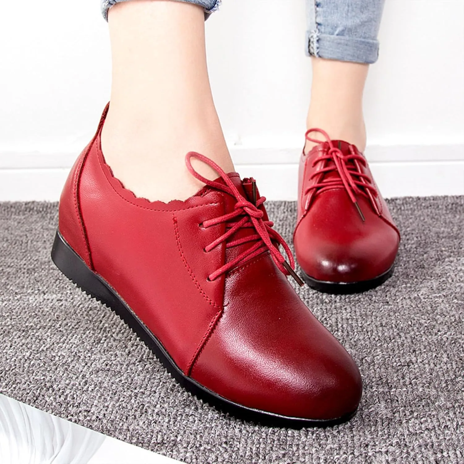 Women's Leather Lace-Up Internal Height Increase Oxfords Fashion Round Toe Platform Loafers Classic Comfortable Business Office Dress Shoes