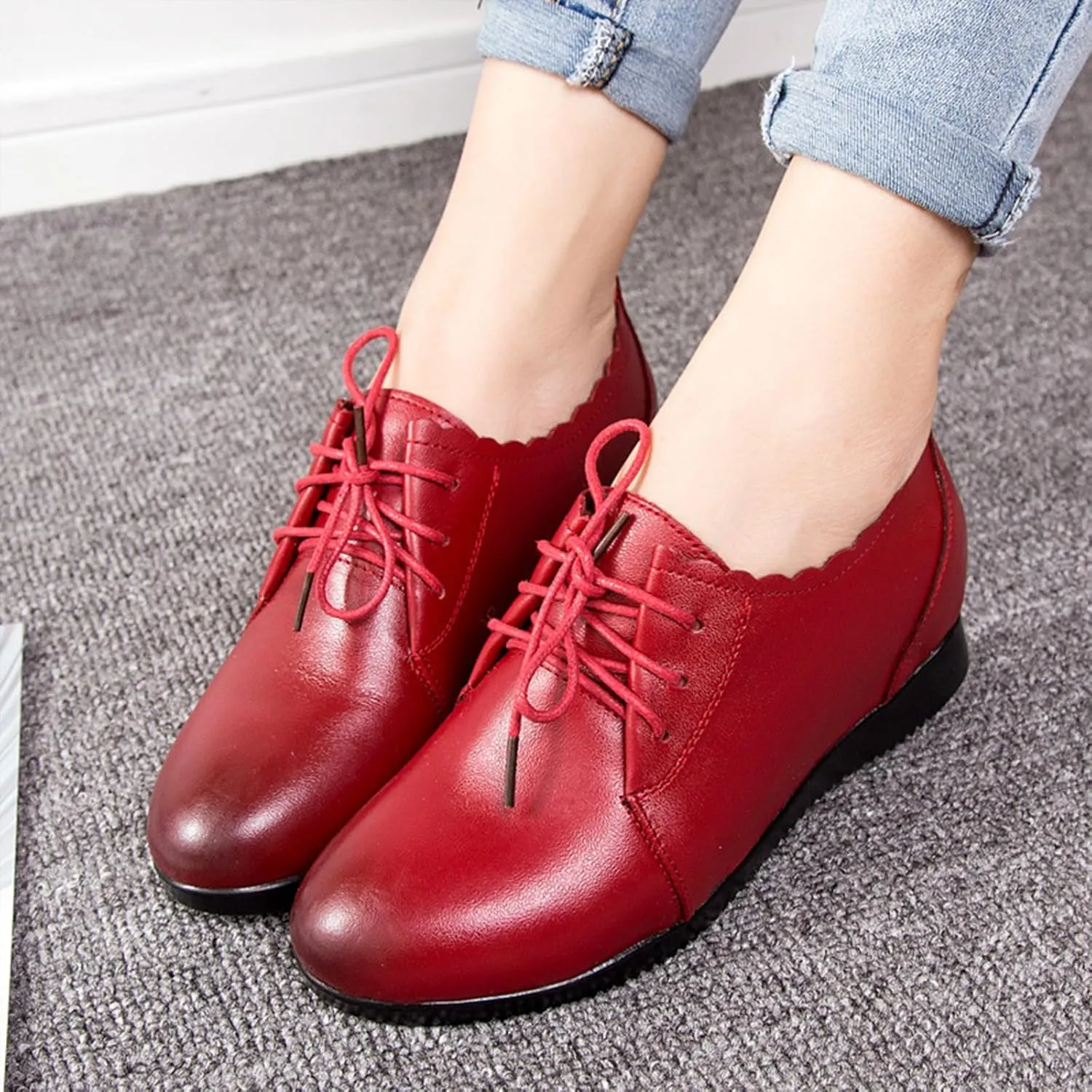 Women's Leather Lace-Up Internal Height Increase Oxfords Fashion Round Toe Platform Loafers Classic Comfortable Business Office Dress Shoes