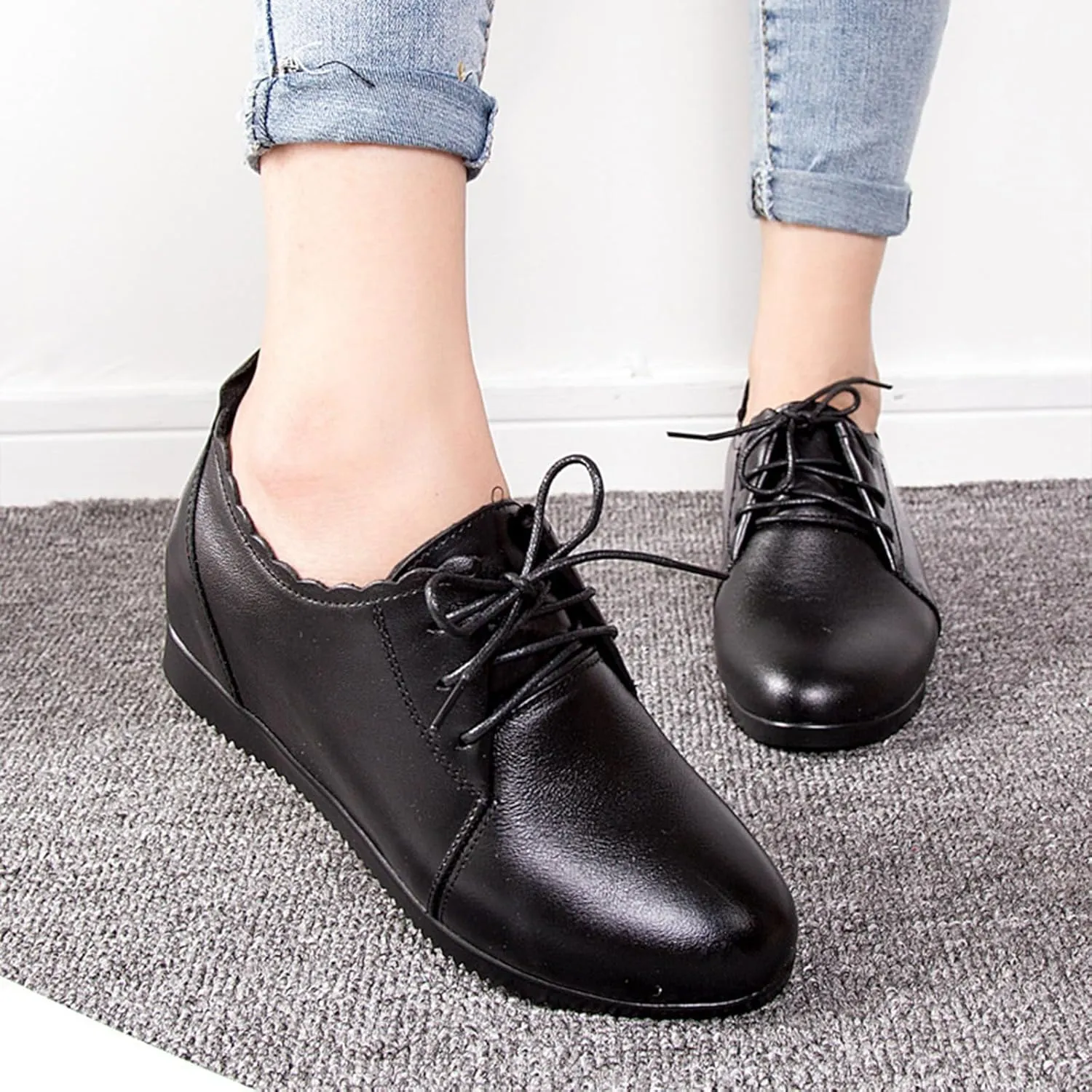 Women's Leather Lace-Up Internal Height Increase Oxfords Fashion Round Toe Platform Loafers Classic Comfortable Business Office Dress Shoes