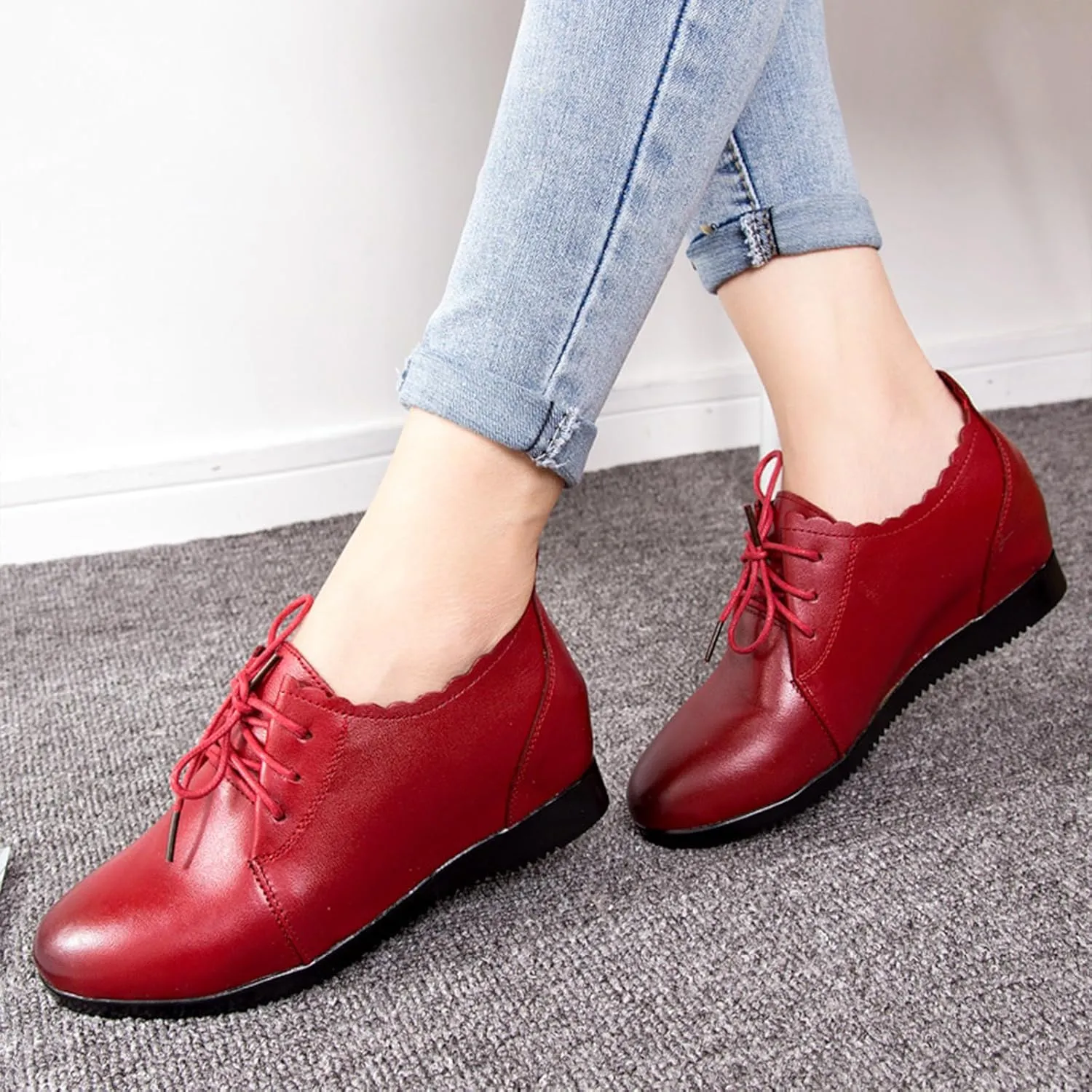 Women's Leather Lace-Up Internal Height Increase Oxfords Fashion Round Toe Platform Loafers Classic Comfortable Business Office Dress Shoes