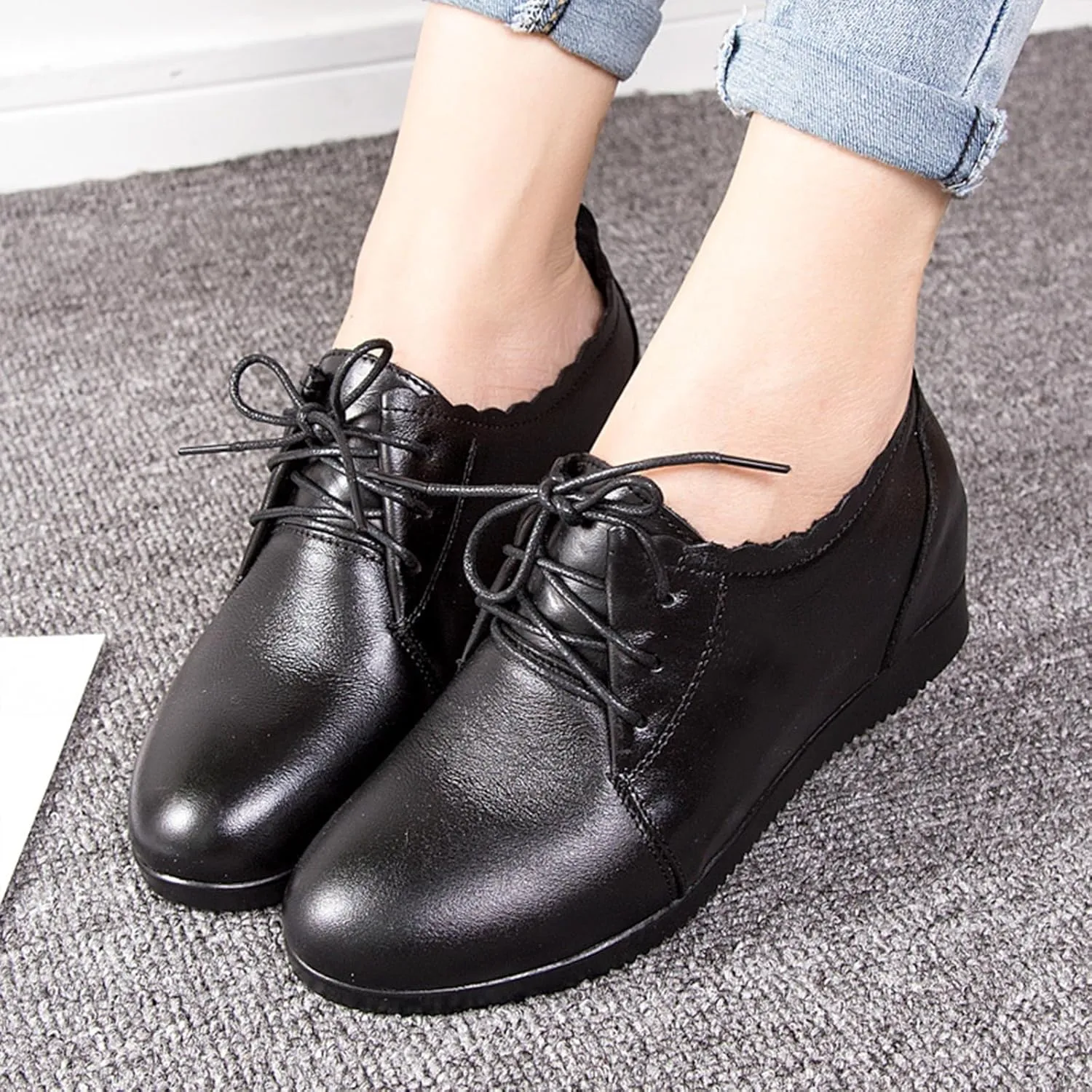 Women's Leather Lace-Up Internal Height Increase Oxfords Fashion Round Toe Platform Loafers Classic Comfortable Business Office Dress Shoes