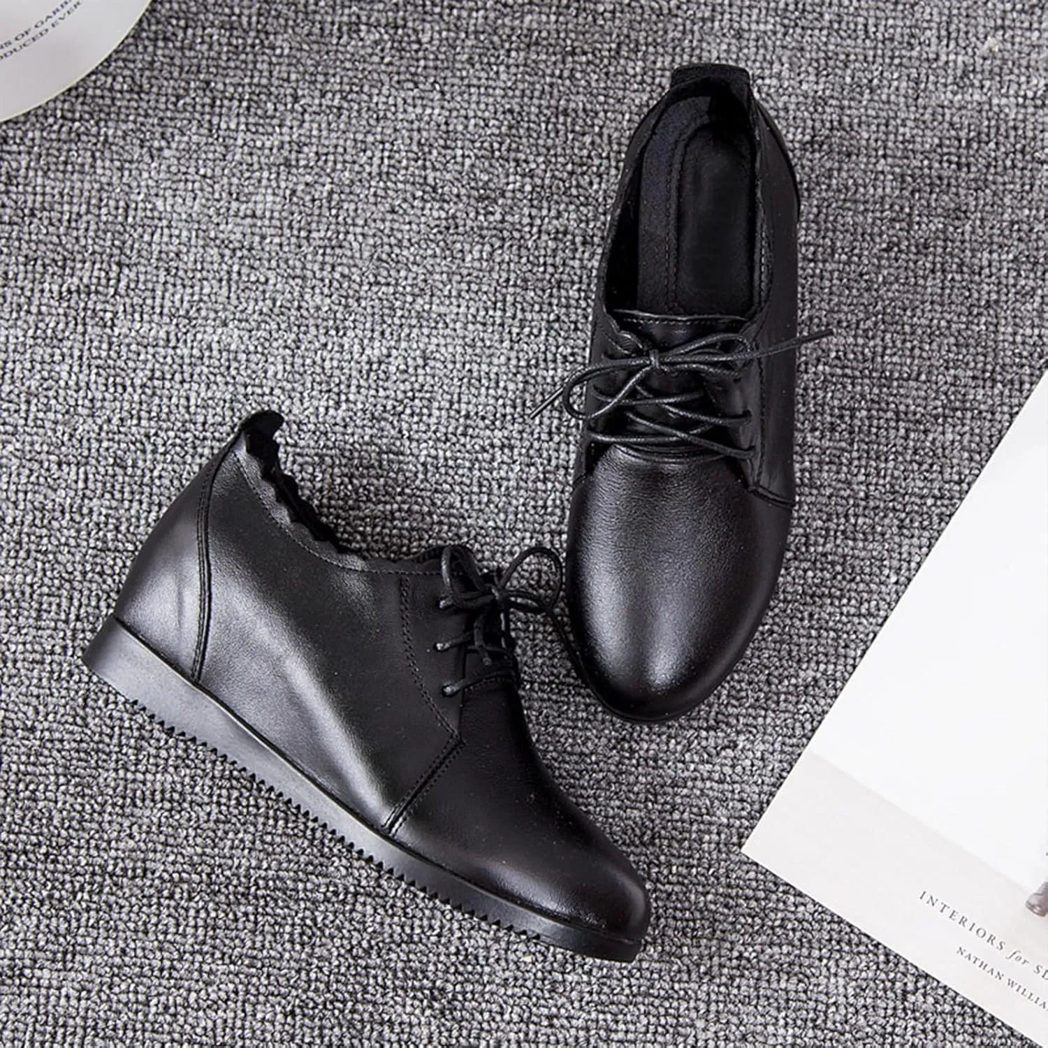 Women's Leather Lace-Up Internal Height Increase Oxfords Fashion Round Toe Platform Loafers Classic Comfortable Business Office Dress Shoes