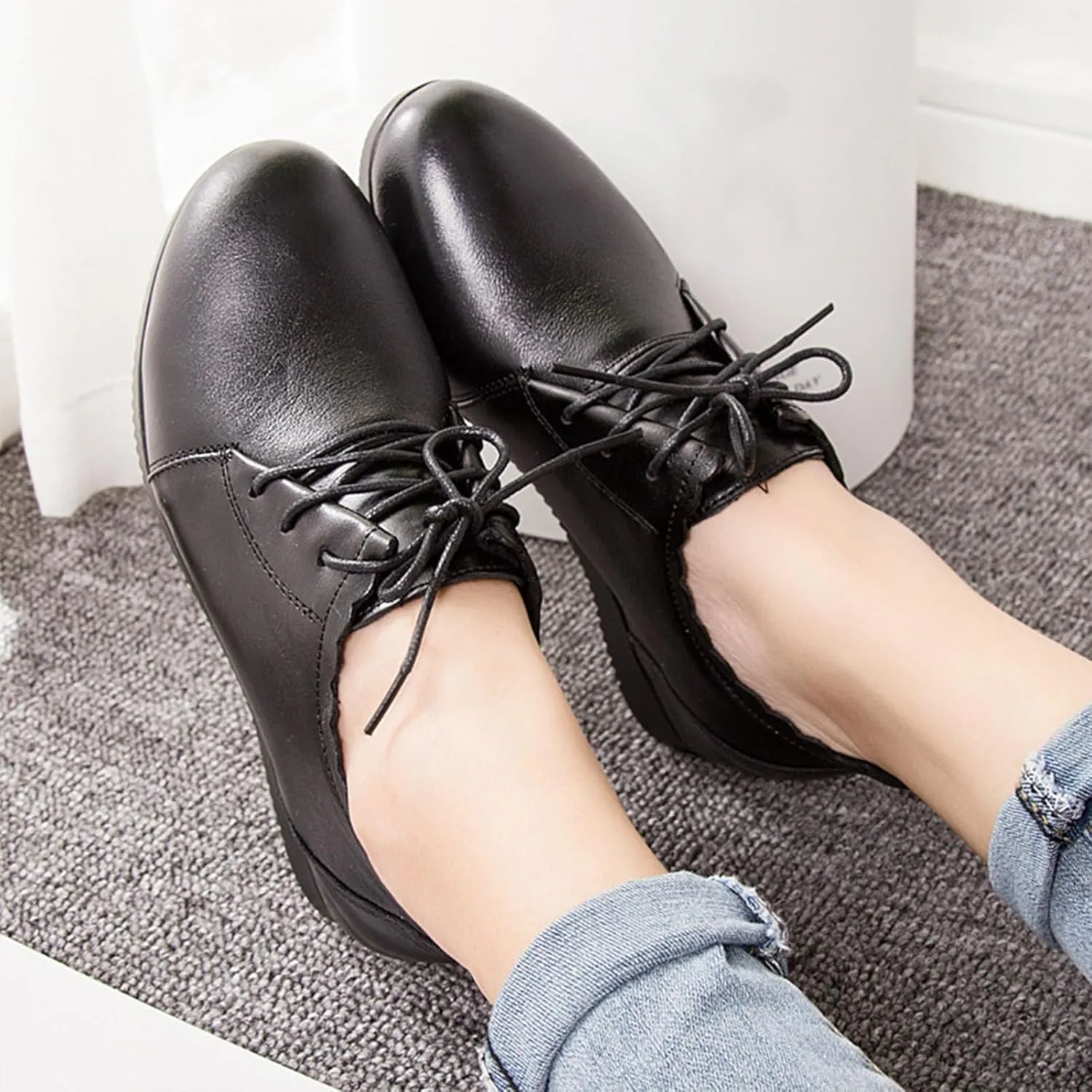 Women's Leather Lace-Up Internal Height Increase Oxfords Fashion Round Toe Platform Loafers Classic Comfortable Business Office Dress Shoes
