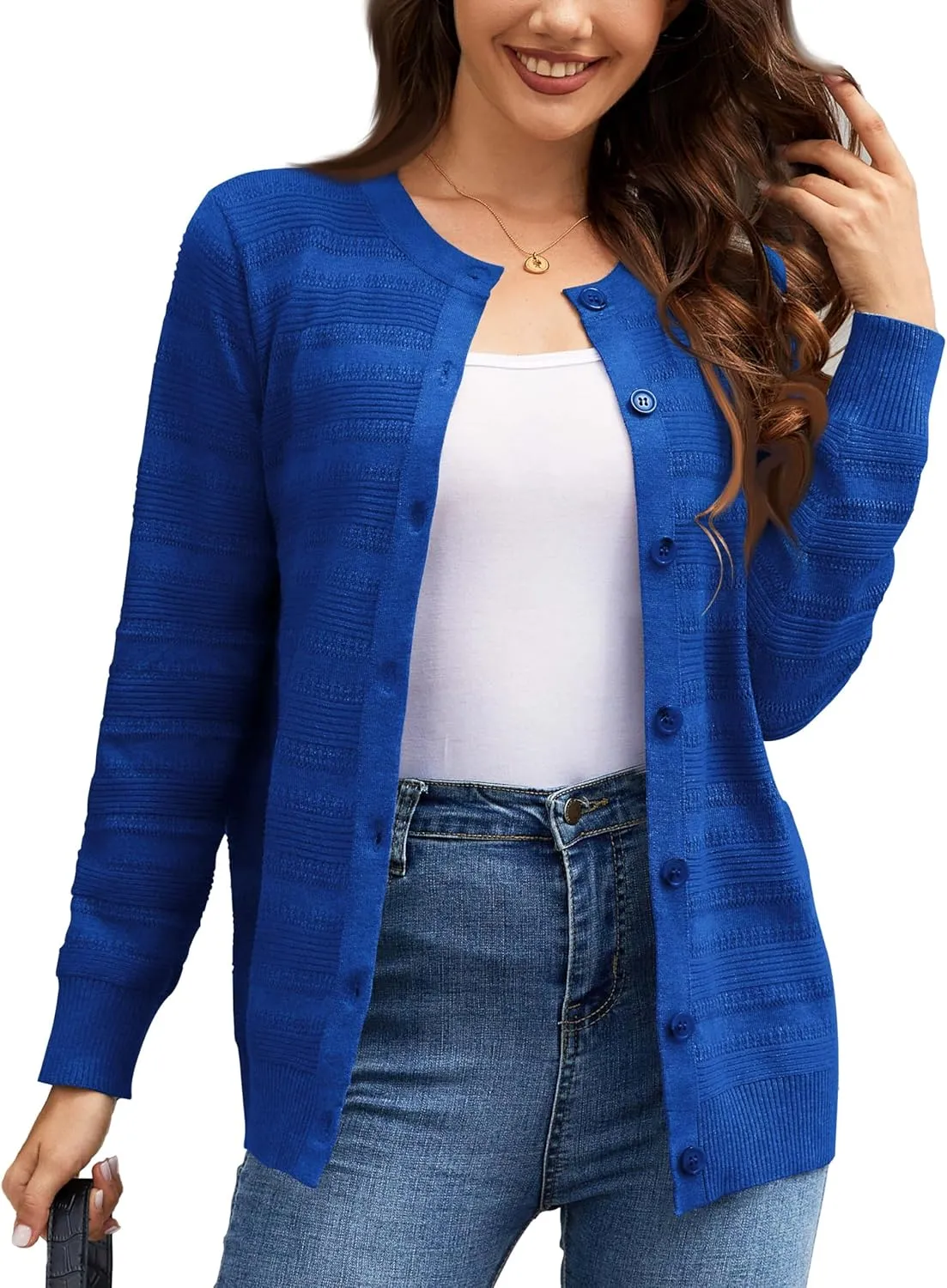 Women's Lightweight Crew Neck Button Down Long Sleeve Cardigan Knit Open Front Sweater