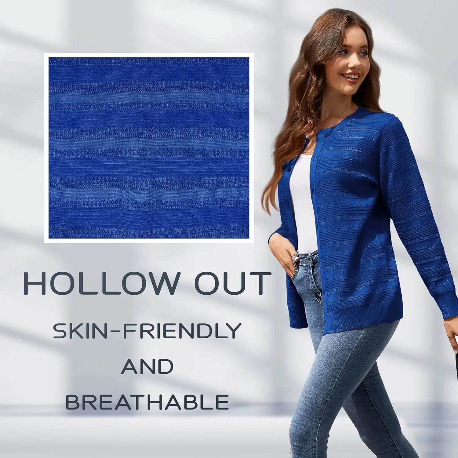 Women's Lightweight Crew Neck Button Down Long Sleeve Cardigan Knit Open Front Sweater