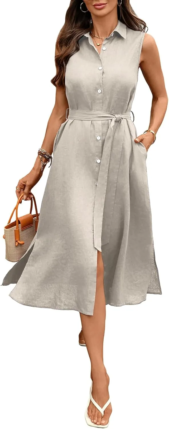 Women's Linen Midi Dress Button Down Shirt Dresses 100% Linen Collar Sleeveless Belt Dress with Pockets
