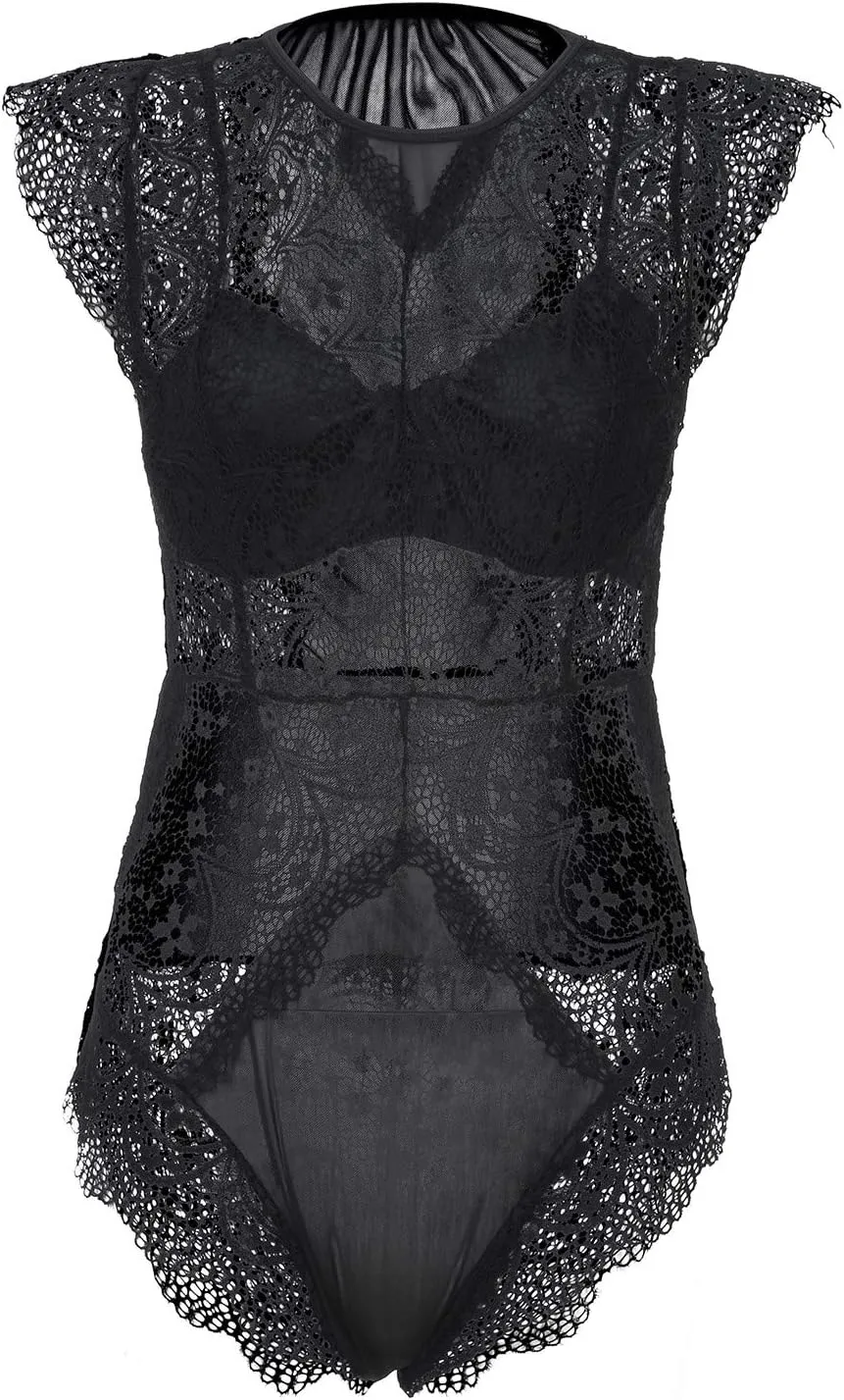 Women's Lingerie Mesh Lace Sexy Bodysuit Front Closure Floral Embroidery Nightwear Sheer Bralette Sleeveless Dress