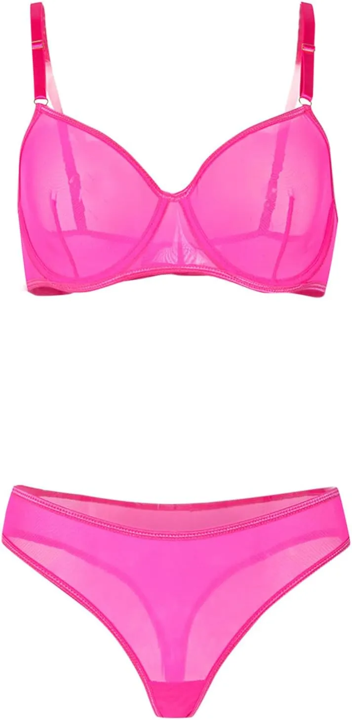 Women's Mesh Lingerie Sets for Women 2 Piece Sexy Lace Solid Sheer See Through Underwire Bra and Panty Set Bralette
