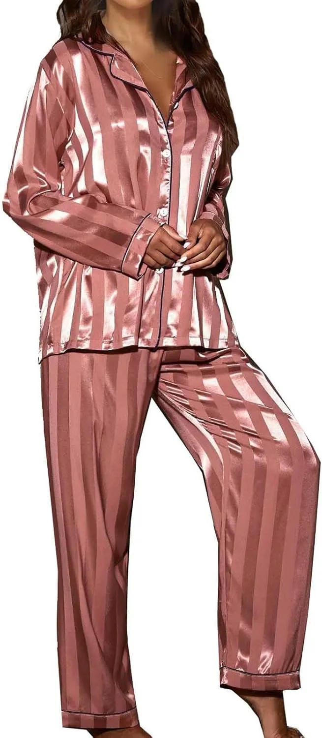 Women's Satin Pajama Sets 2 Piece Sleepwear Lapel Button Down Long Sleeve Shirt and Elastic Waist Pants Loungewear Set
