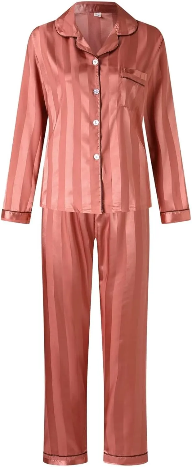 Women's Satin Pajama Sets 2 Piece Sleepwear Lapel Button Down Long Sleeve Shirt and Elastic Waist Pants Loungewear Set