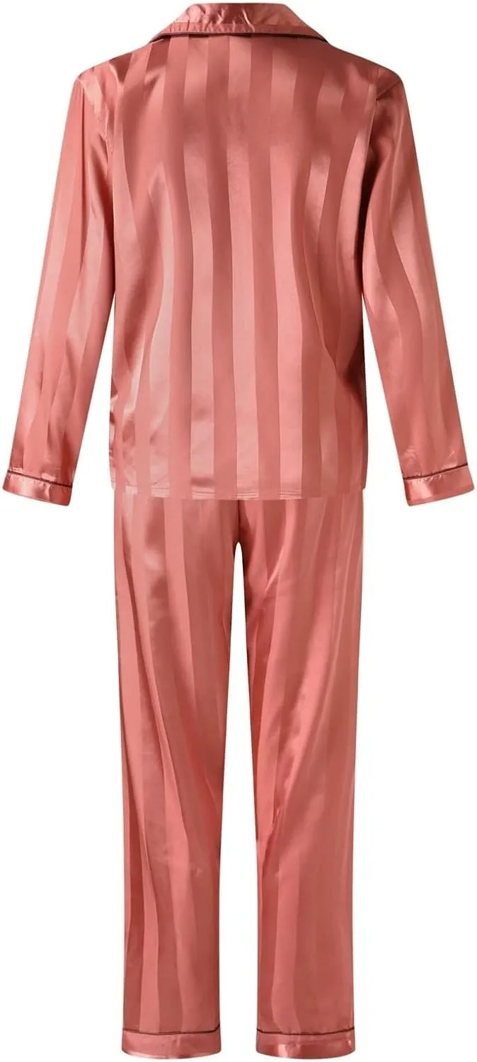 Women's Satin Pajama Sets 2 Piece Sleepwear Lapel Button Down Long Sleeve Shirt and Elastic Waist Pants Loungewear Set