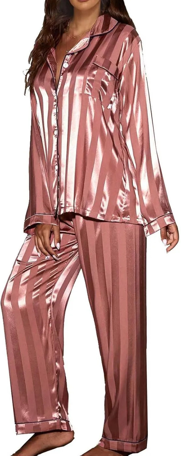 Women's Satin Pajama Sets 2 Piece Sleepwear Lapel Button Down Long Sleeve Shirt and Elastic Waist Pants Loungewear Set