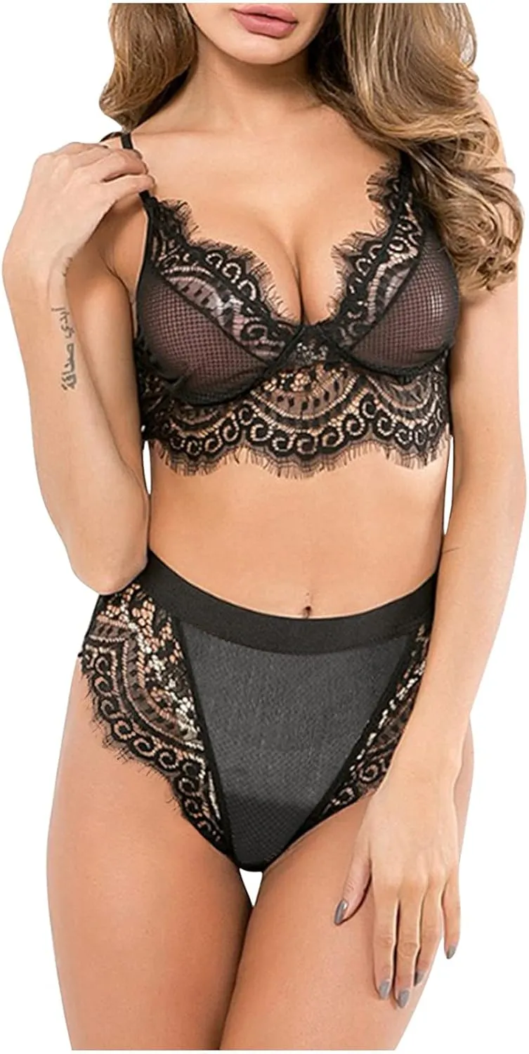 Women's Sexy 2 Piece Lingerie Floral Eyelash Lace Sling Bralette Bra and Panty Set Nightwear Outfit Black