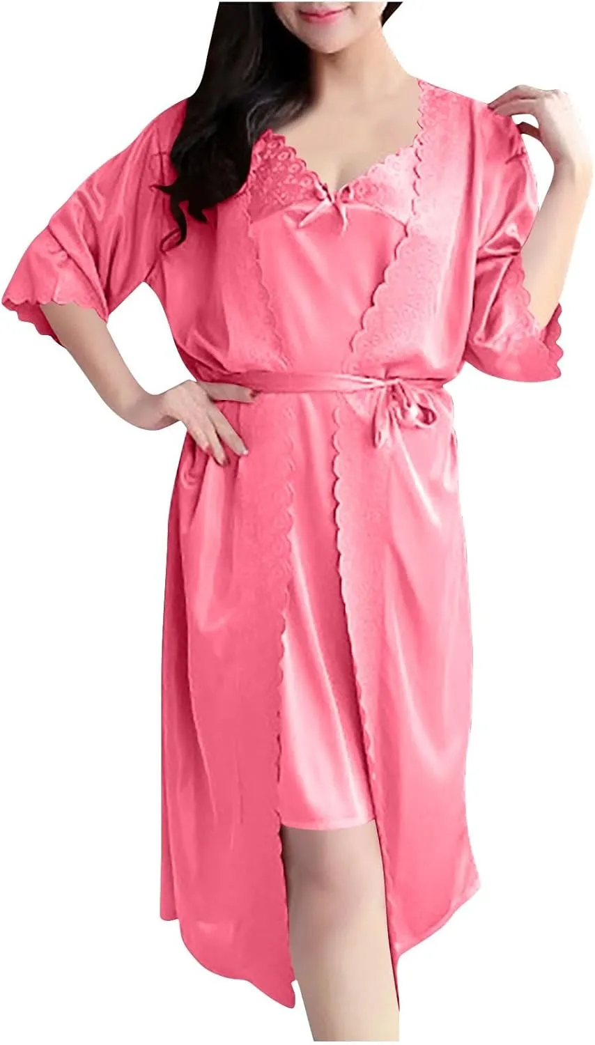 Women's Sexy Lingerie Set Satin Kimono Robe Nightgown and V Neck Lace Nightdress Teddy Naughty Comfy Sleepwear Sets