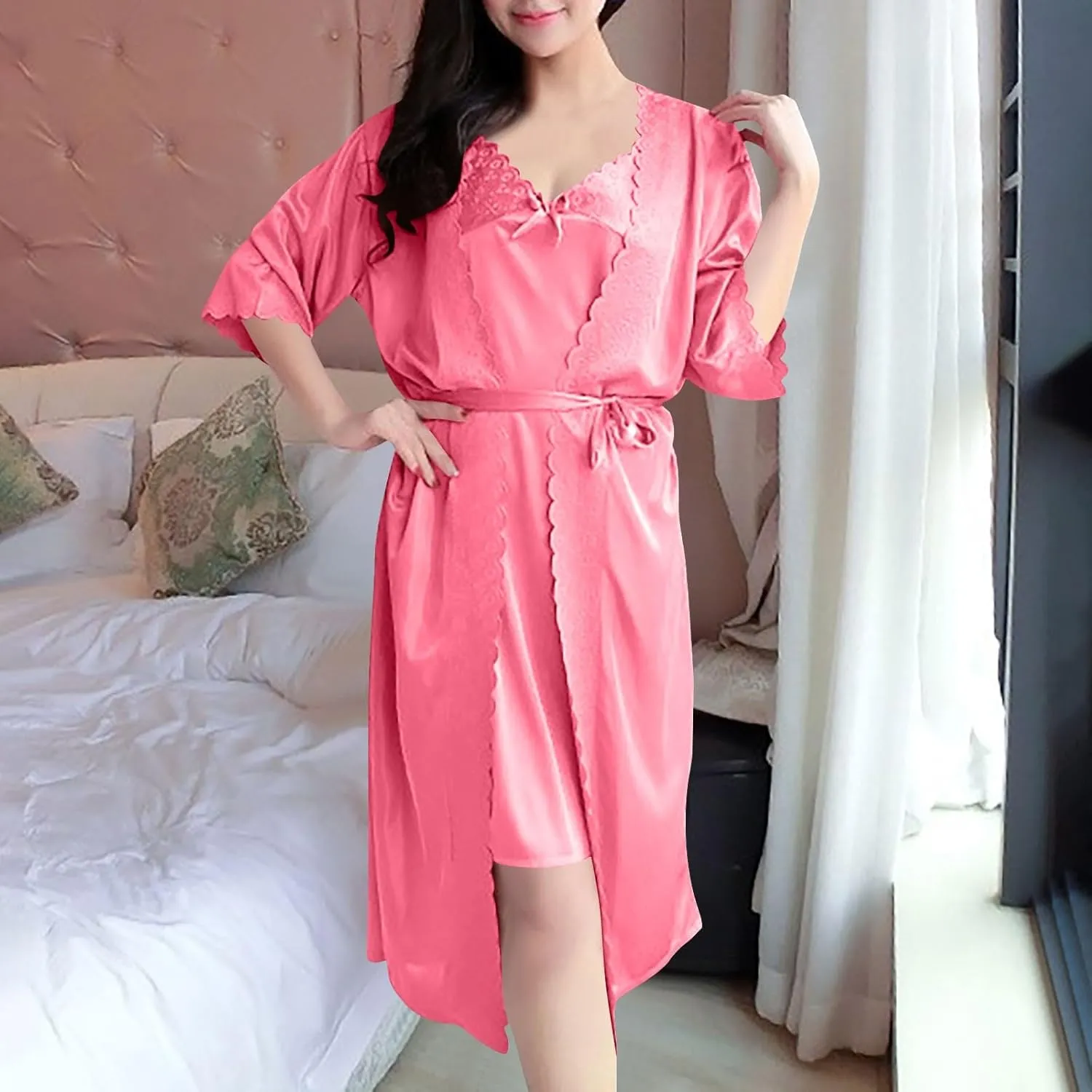 Women's Sexy Lingerie Set Satin Kimono Robe Nightgown and V Neck Lace Nightdress Teddy Naughty Comfy Sleepwear Sets