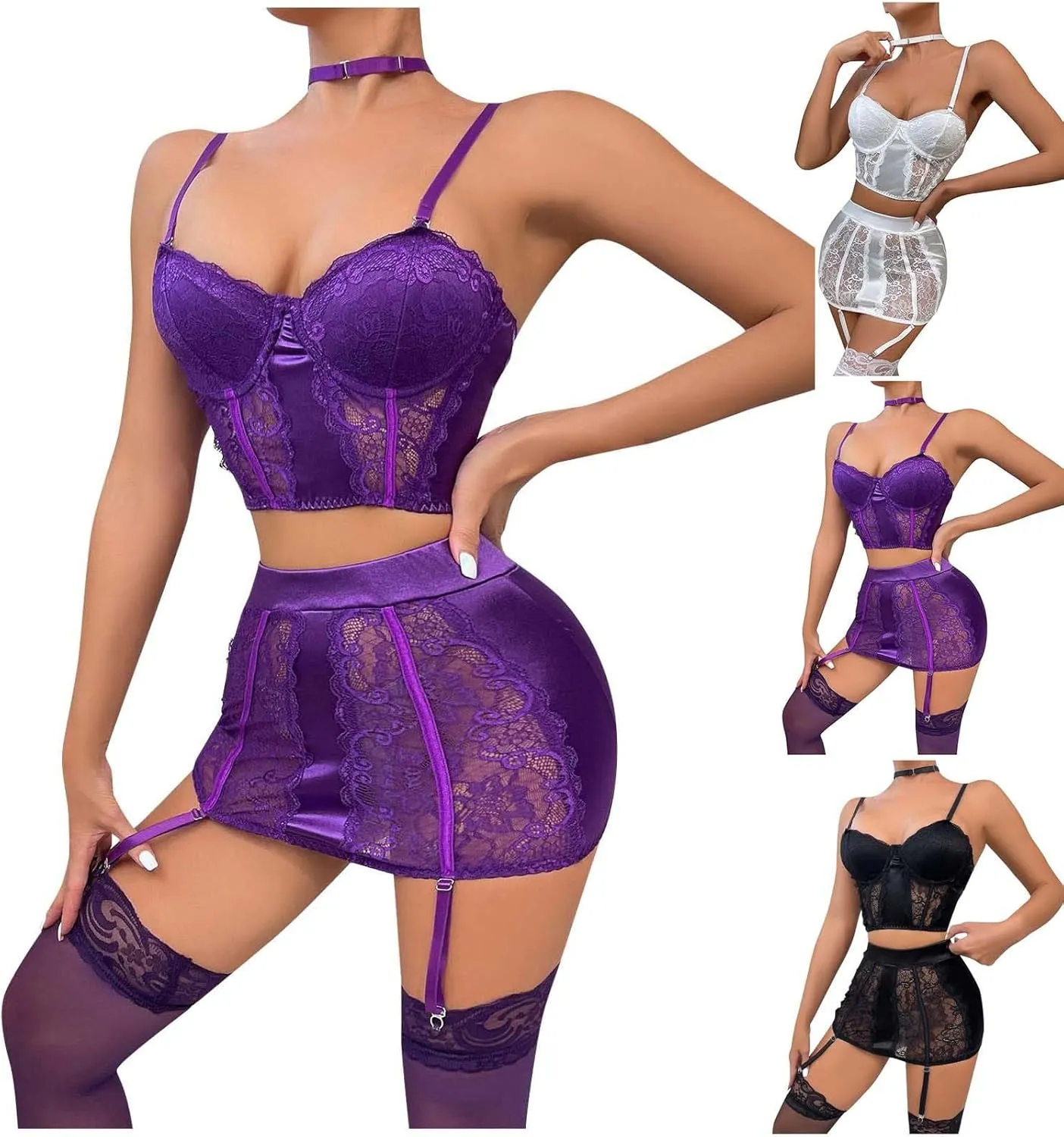 Women's Sexy Lingerie Sets Lace Mesh Gather Bralette and One-Piece Short Skirt Push Up Babydoll Sexy Underwear Suit