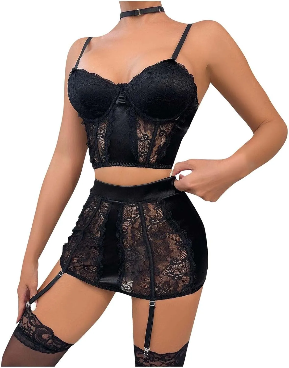 Women's Sexy Lingerie Sets Lace Mesh Gather Bralette and One-Piece Short Skirt Push Up Babydoll Sexy Underwear Suit