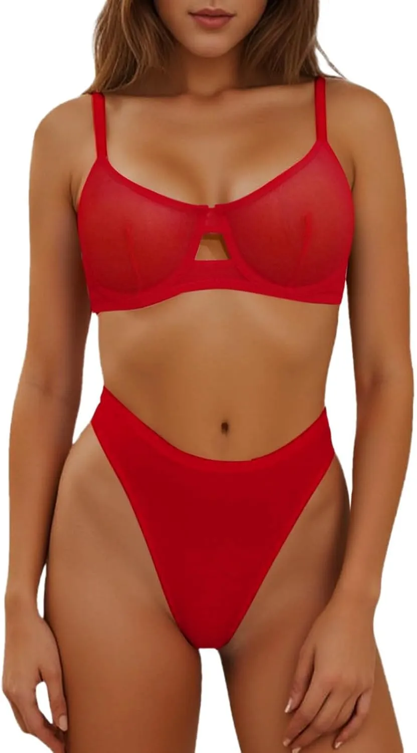 Women's Sexy Spaghetti Strap Lingerie Set Sheer Mesh Push Up 2 Piece Bra and Panty Set See Through Matching Bralette Sets