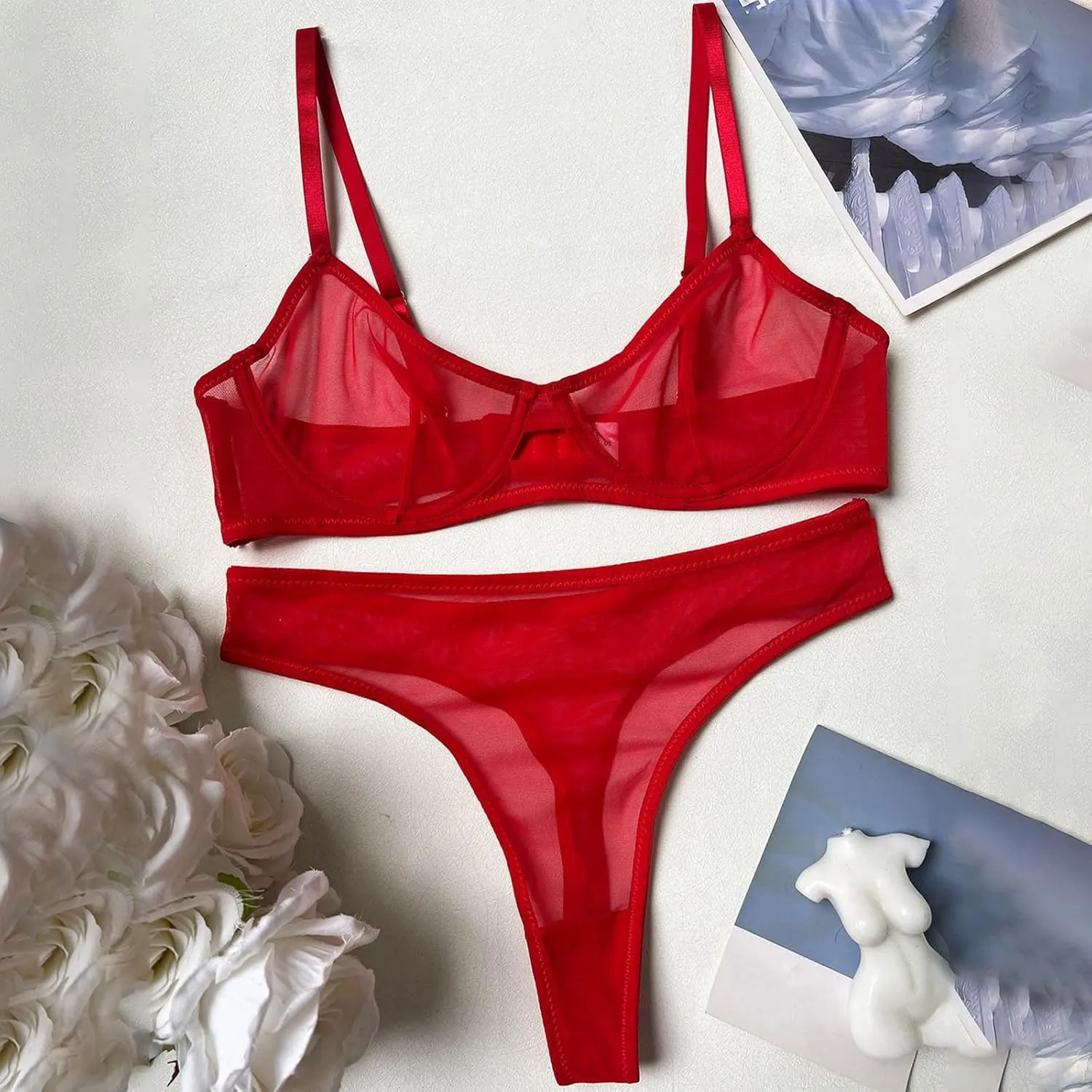 Women's Sexy Spaghetti Strap Lingerie Set Sheer Mesh Push Up 2 Piece Bra and Panty Set See Through Matching Bralette Sets