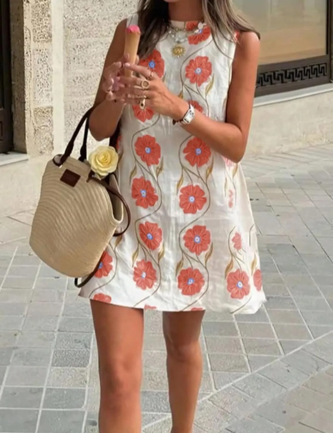 Womens Summer Floral Print Mini Dress Romantic Sleeveless Shift Short Dress Vacation Fairy Dresses