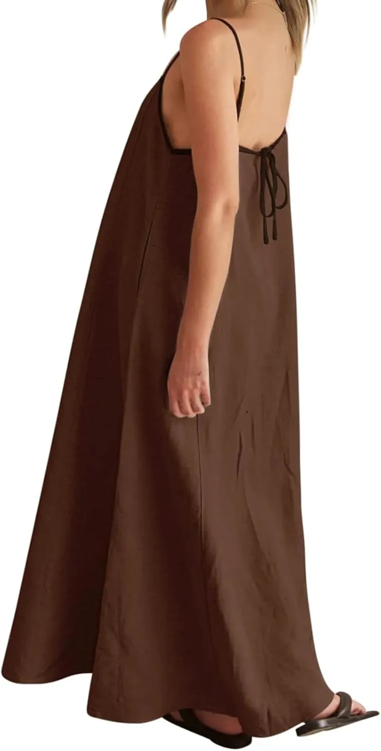 Womens Summer Maxi Dress 2025 Linen Contrast Spaghetti Strap Backless Sleeveless Casual Party Beach Dresses