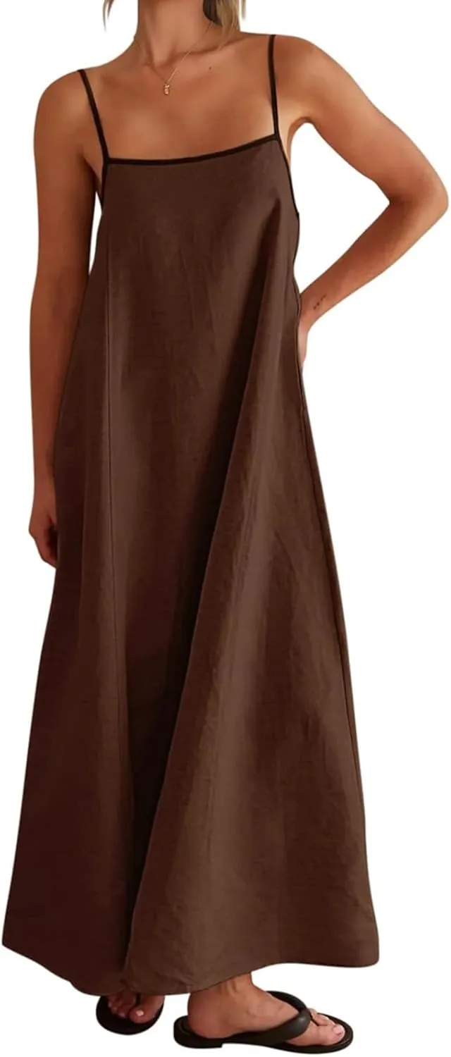 Womens Summer Maxi Dress 2025 Linen Contrast Spaghetti Strap Backless Sleeveless Casual Party Beach Dresses