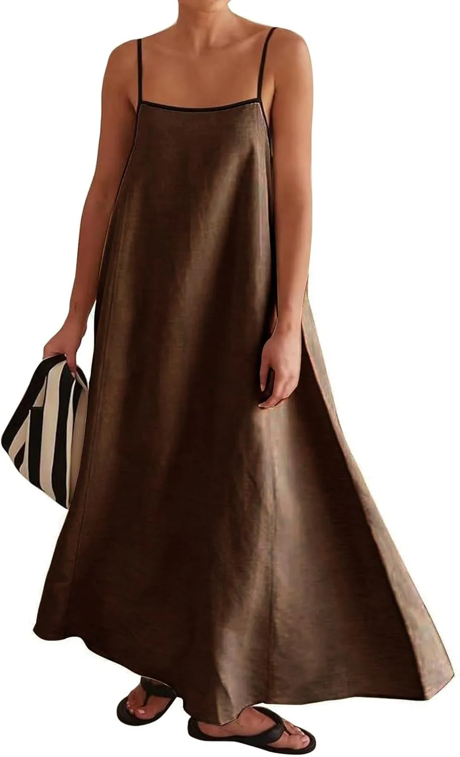 Womens Summer Maxi Dress 2025 Linen Contrast Spaghetti Strap Backless Sleeveless Casual Party Beach Dresses