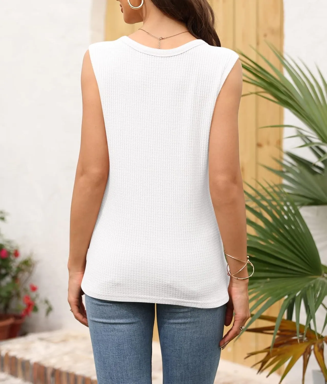 Womens Tank Tops V Neck Waffle Knit Summer Casual Sleeveless Loose Tee Shirts