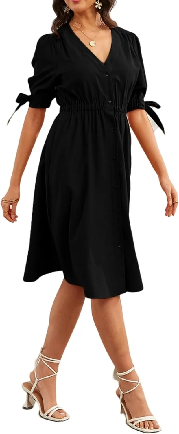 Women's V-Neck Button Front Casual Linen Blend Midi Elastic Waist Dress with Pockets